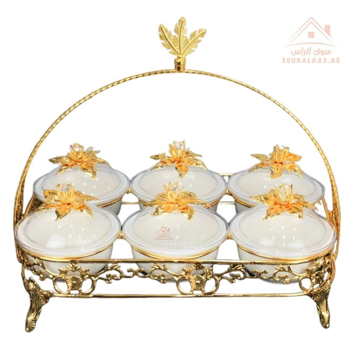 Luxury Serving Set | 6 Porcelain Bowls with Crystal Lids & Decorative Stand |Perfect for serving sweets, nuts, dates, or desserts - Souk Al Ras