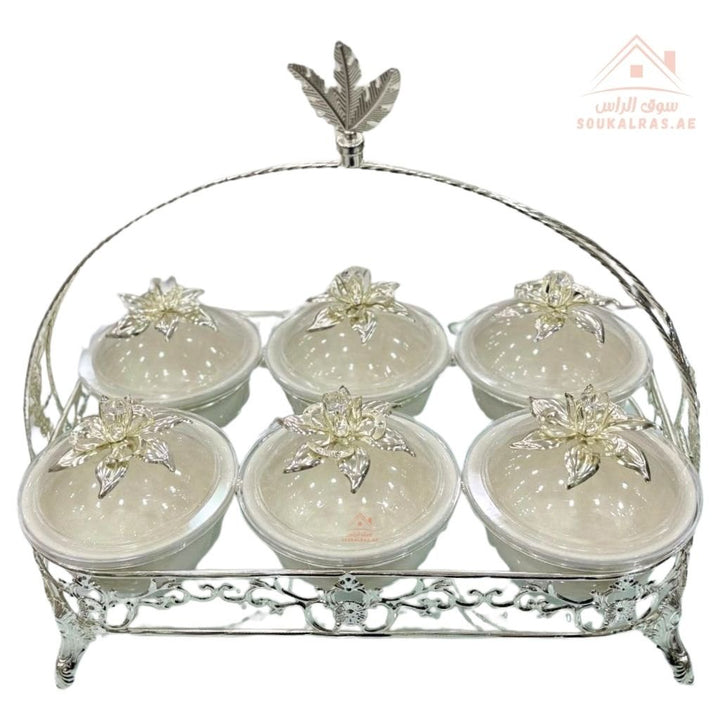 Luxury Serving Set | 6 Porcelain Bowls with Crystal Lids & Decorative Stand |Perfect for serving sweets, nuts, dates, or desserts - Souk Al Ras