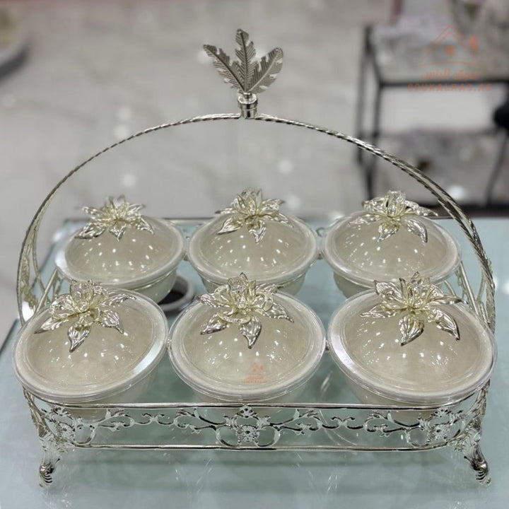 Luxury Serving Set | 6 Porcelain Bowls with Crystal Lids & Decorative Stand |Perfect for serving sweets, nuts, dates, or desserts - Souk Al Ras