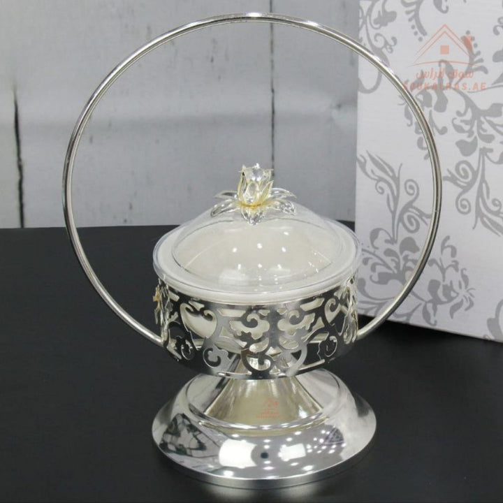 Luxury Serving Set |Porcelain Bowl with Crystal Lid & Decorative Stand | Perfect for serving sweets, nuts, dates, or desserts - Souk Al Ras
