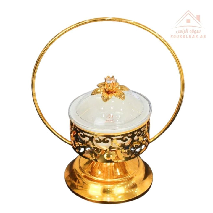 Luxury Serving Set |Porcelain Bowl with Crystal Lid & Decorative Stand | Perfect for serving sweets, nuts, dates, or desserts - Souk Al Ras