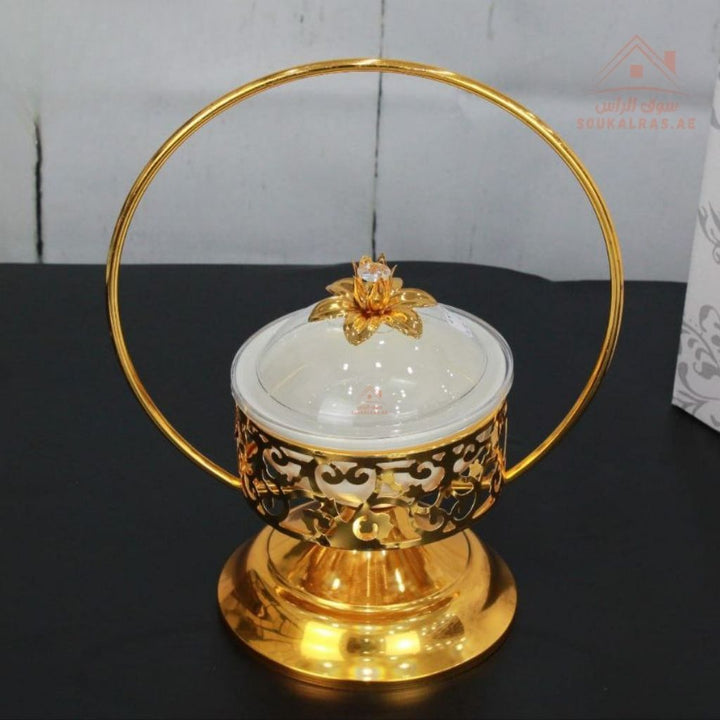 Luxury Serving Set |Porcelain Bowl with Crystal Lid & Decorative Stand | Perfect for serving sweets, nuts, dates, or desserts - Souk Al Ras