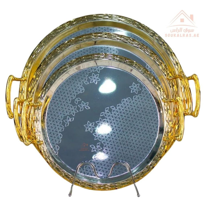Luxury Serving Tray Set – 3 Pieces (40 - 45 - 50) CM | Circular Decorative Design | Sturdy Handles | Elegant Touch for Hosting & Events - Souk Al Ras