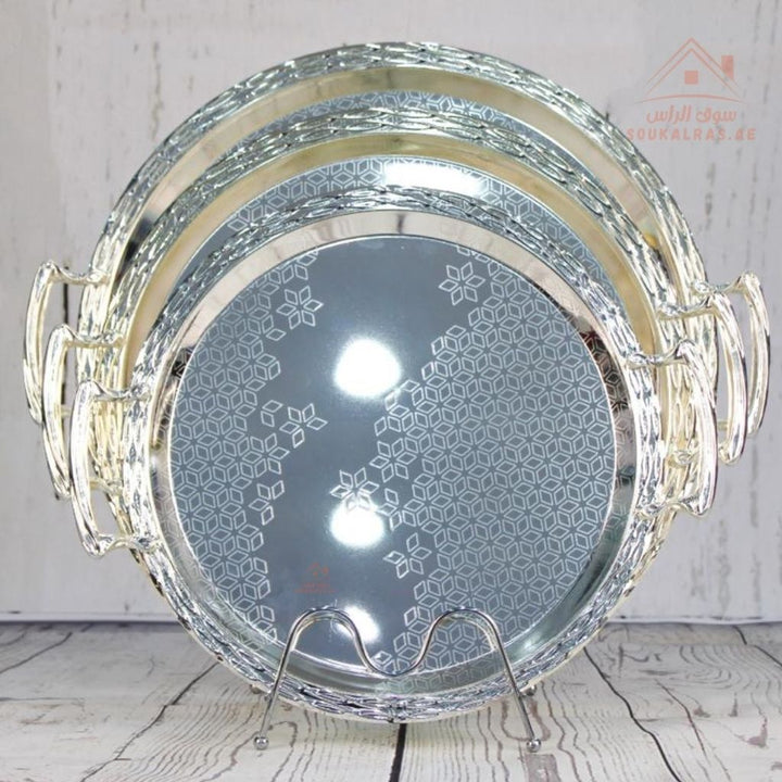 Luxury Serving Tray Set – 3 Pieces (40 - 45 - 50) CM | Circular Decorative Design | Sturdy Handles | Elegant Touch for Hosting & Events - Souk Al Ras