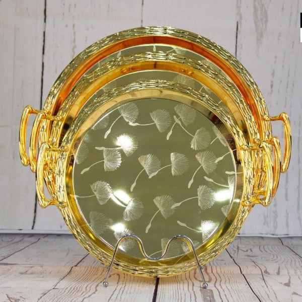 Luxury Serving Tray Set – 3 Pieces (40 - 45 - 50) CM| Circular Decorative Design | Sturdy Handles | Elegant Touch for Hosting & Events - Souk Al Ras