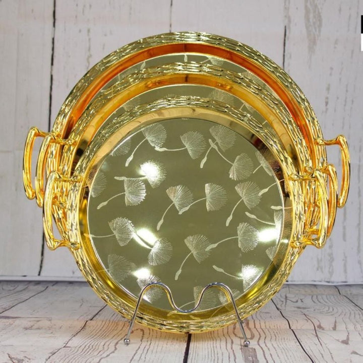 Luxury Serving Tray Set – 3 Pieces (40 - 45 - 50) CM| Circular Decorative Design | Sturdy Handles | Elegant Touch for Hosting & Events - Souk Al Ras