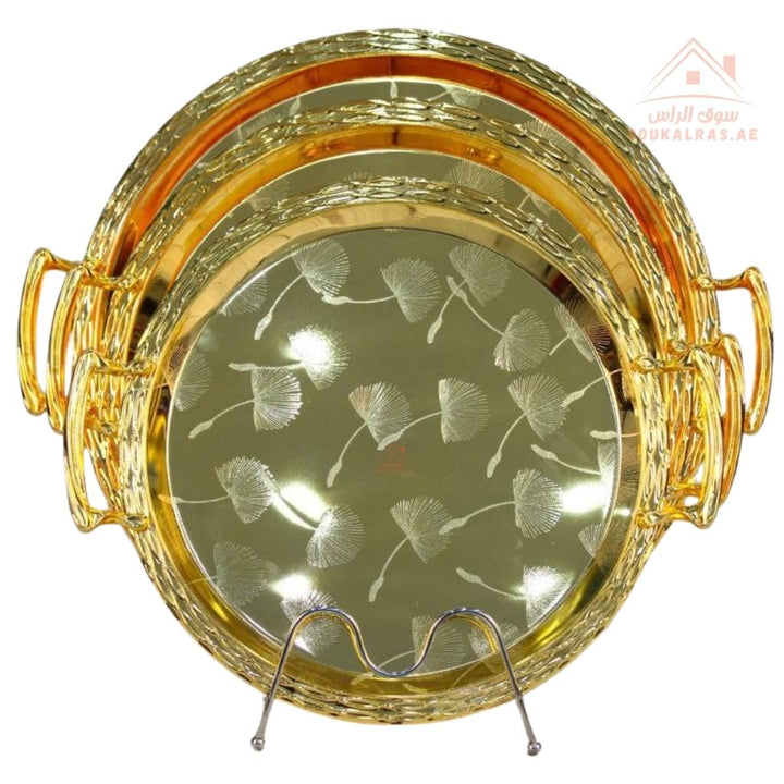 Luxury Serving Tray Set – 3 Pieces (40 - 45 - 50) CM| Circular Decorative Design | Sturdy Handles | Elegant Touch for Hosting & Events - Souk Al Ras
