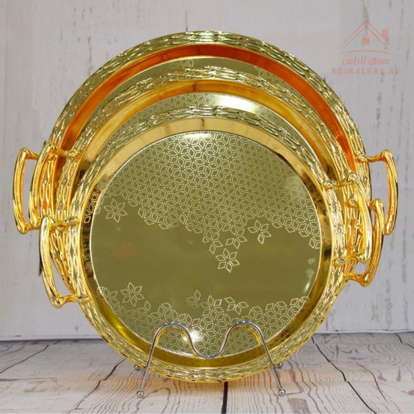 Luxury Serving Tray Set – 3 Pieces (40 - 45 - 50) CM | Circular Decorative Design | Sturdy Handles | Elegant Touch for Hosting & Events - Souk Al Ras