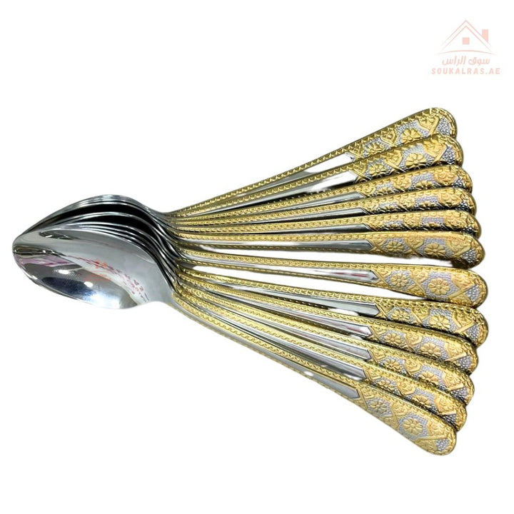 Luxury stainless steel flatware set with a distinctive gold pattern, 36 pieces | For the elegance of your table and a lasting luxurious touch. - Souk Al Ras
