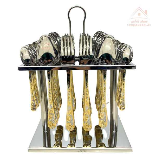 Luxury stainless steel flatware set with a distinctive gold pattern, 36 pieces | For the elegance of your table and a lasting luxurious touch. - Souk Al Ras