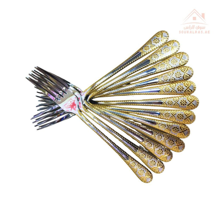 Luxury stainless steel flatware set with a distinctive gold pattern, 36 pieces | For the elegance of your table and a lasting luxurious touch. - Souk Al Ras
