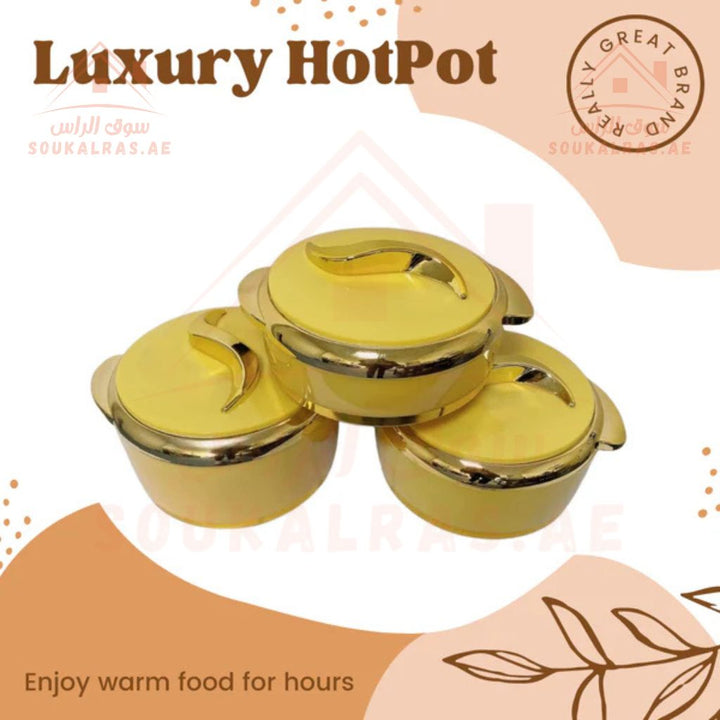 Luxury Thermal Insulated Casserole Hot Pot Food Warmer Set of 3 (1.5L, 2L, 2.5L) in Sleek Gold - Souk Al RasServeware