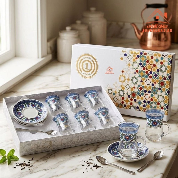 Luxury Turkish Tea Set | 6 Glass Cups with 6 Saucers & 6 Spoons | Eleg ...