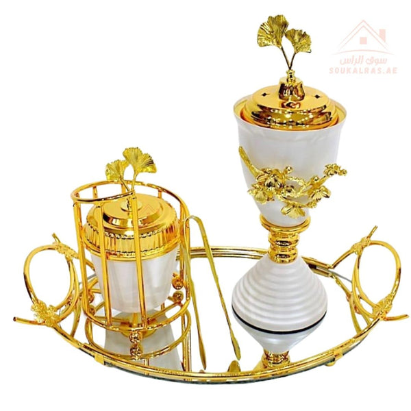 Luxury White & Gold Bukhoor Burner Set | Elegant Mabkhara Set for Home & Gifting – Premium Incense Burner - Souk Al Ras
