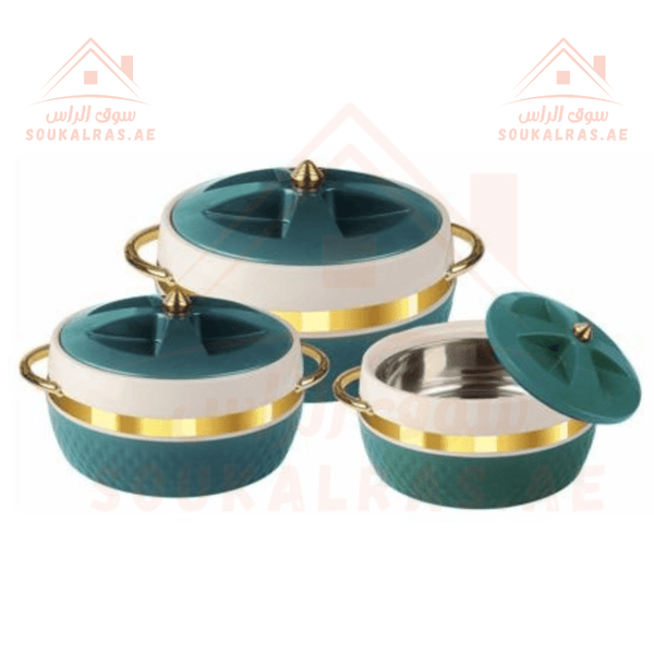 majestics Thermal Insulated Casserole Hot Pot Food Warmer set of 3(1.3 - 2.25 - 2.95)L In elegant turquoise with gold - Souk Al RasServeware