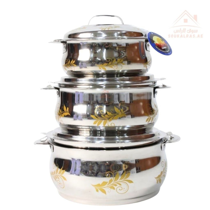 Marvel Belly Insulated Hot Pot Set | 3 - Piece Stainless Steel | 2000ml 3000ml 4000ml | Gold Design Food Warmer UAE - Souk Al Ras