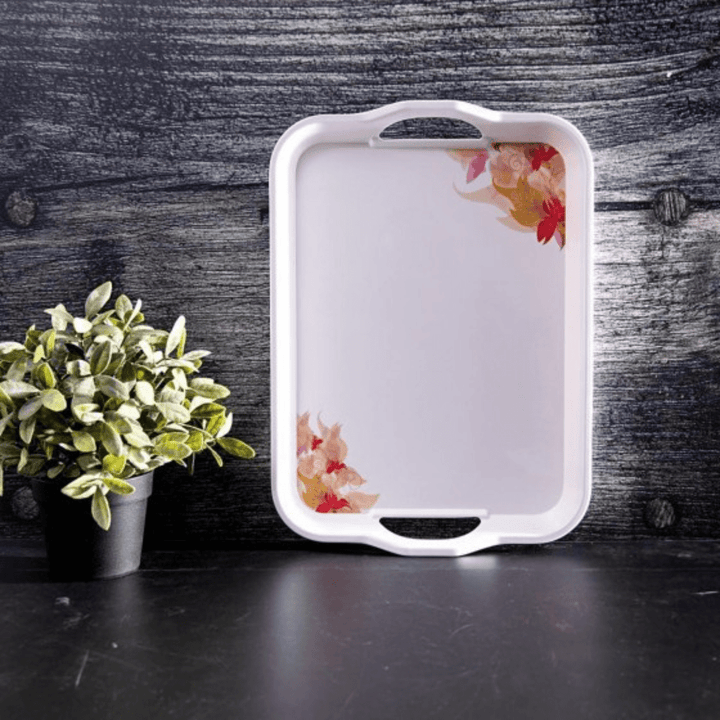 Melamine Ware Handle Tray with Flower Carnival Pattern - White 38CM - Souk Al RasServeware