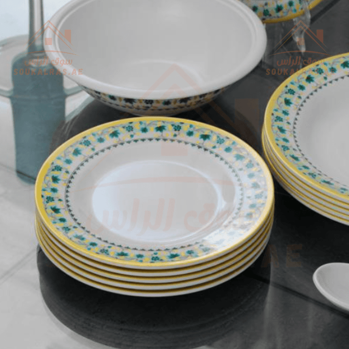 Melamineware Dinner Set 20Pcs includes 6 deep plates, 6 flat plates, 6 bowls, 1 large bowl, and 1 rice spoon - Souk Al RasDinnerware Sets