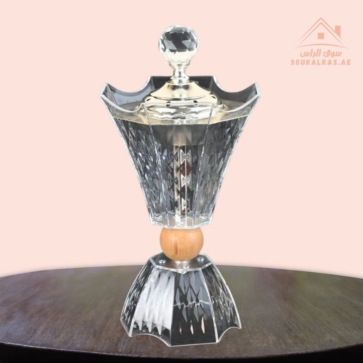 Modern Crystal Bukhoor Burner | Elegant Diamond with Wooden Base | Available in Gold & Silver | Ideal for Home, Majlis & Gifting - Souk Al Ras