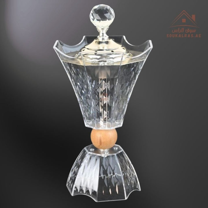 Modern Crystal Bukhoor Burner | Elegant Diamond with Wooden Base | Available in Gold & Silver | Ideal for Home, Majlis & Gifting - Souk Al Ras