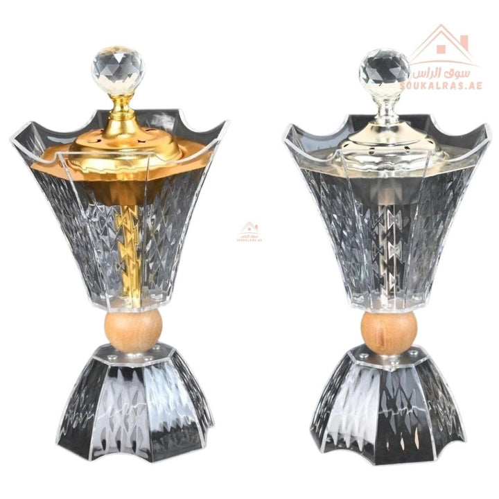 Modern Crystal Bukhoor Burner | Elegant Diamond with Wooden Base | Available in Gold & Silver | Ideal for Home, Majlis & Gifting - Souk Al Ras