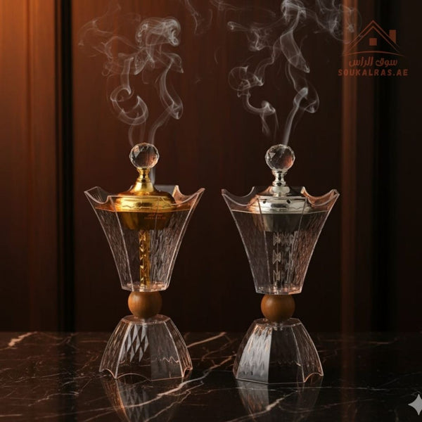Modern Crystal Bukhoor Burner | Elegant Diamond with Wooden Base | Available in Gold & Silver | Ideal for Home, Majlis & Gifting - Souk Al Ras