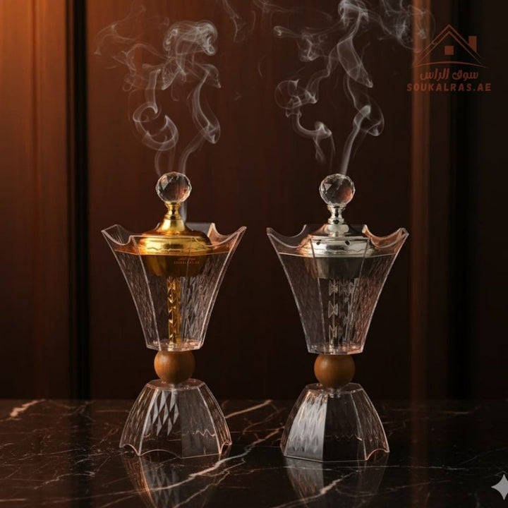 Modern Crystal Bukhoor Burner | Elegant Diamond with Wooden Base | Available in Gold & Silver | Ideal for Home, Majlis & Gifting - Souk Al Ras