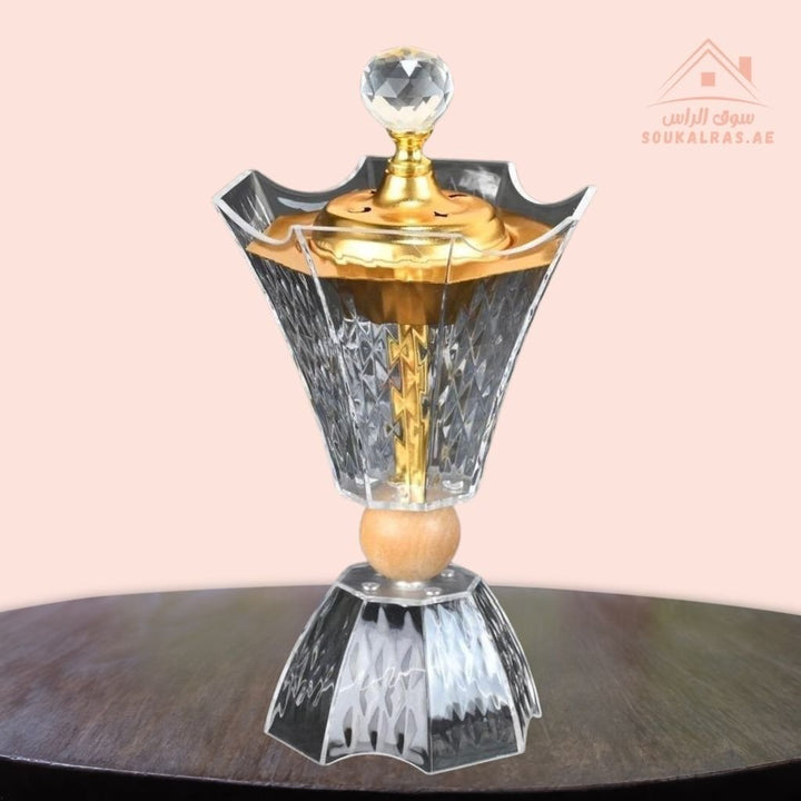 Modern Crystal Bukhoor Burner | Elegant Diamond with Wooden Base | Available in Gold & Silver | Ideal for Home, Majlis & Gifting - Souk Al Ras