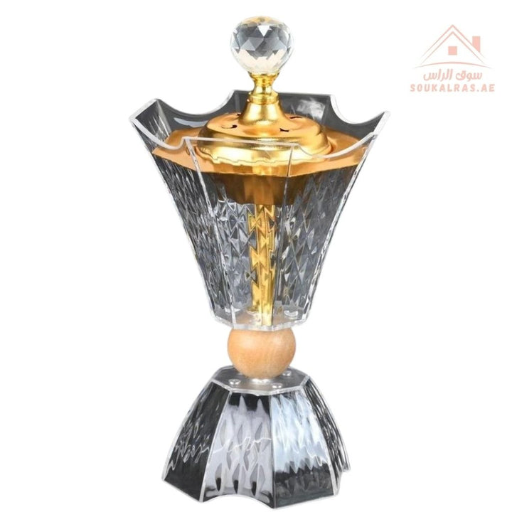 Modern Crystal Bukhoor Burner | Elegant Diamond with Wooden Base | Available in Gold & Silver | Ideal for Home, Majlis & Gifting - Souk Al Ras