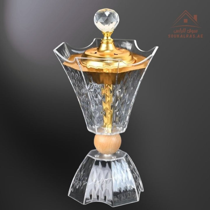 Modern Crystal Bukhoor Burner | Elegant Diamond with Wooden Base | Available in Gold & Silver | Ideal for Home, Majlis & Gifting - Souk Al Ras