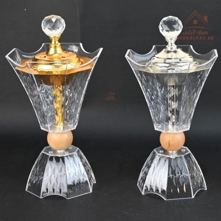 Modern Crystal Bukhoor Burner | Elegant Diamond with Wooden Base | Available in Gold & Silver | Ideal for Home, Majlis & Gifting - Souk Al Ras