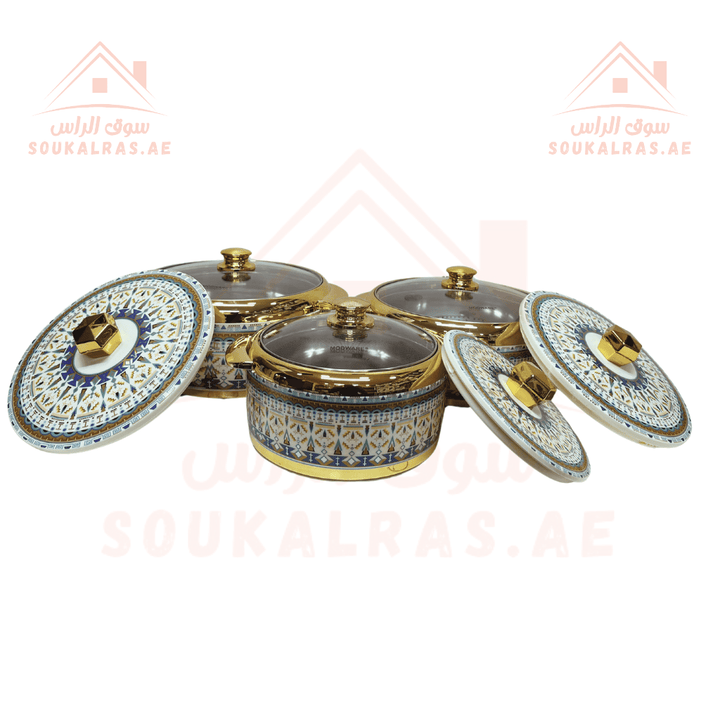 طقم حرارات جامبو عازلة للحرارة من مودوير مرحبا - طقم من 9 قطع مع 3 أغطية زجاجية و 3 أغطية بلاستيكية (2.5, 3.5, 4) لتر- صناعة هندية اصلية