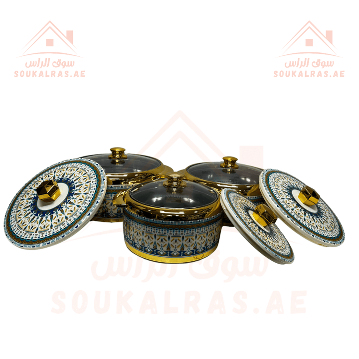 طقم حرارات جامبو عازلة للحرارة من مودوير مرحبا - طقم من 9 قطع مع 3 أغطية زجاجية و 3 أغطية بلاستيكية (2.5, 3.5, 4) لتر- صناعة هندية اصلية
