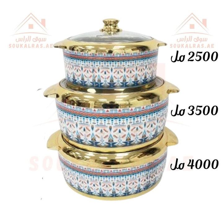 طقم حرارات جامبو عازلة للحرارة من مودوير مرحبا - طقم من 9 قطع مع 3 أغطية زجاجية و 3 أغطية بلاستيكية (2.5, 3.5, 4) لتر- صناعة هندية اصلية