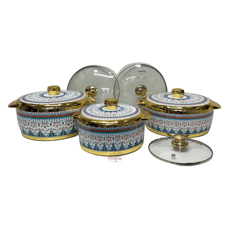 طقم حرارات جامبو عازلة للحرارة من مودوير مرحبا - طقم من 9 قطع مع 3 أغطية زجاجية و 3 أغطية بلاستيكية (2.5, 3.5, 4) لتر- صناعة هندية اصلية