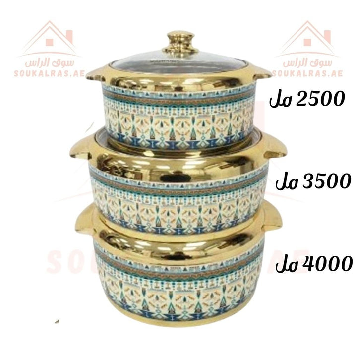 طقم حرارات جامبو عازلة للحرارة من مودوير مرحبا - طقم من 9 قطع مع 3 أغطية زجاجية و 3 أغطية بلاستيكية (2.5, 3.5, 4) لتر- صناعة هندية اصلية