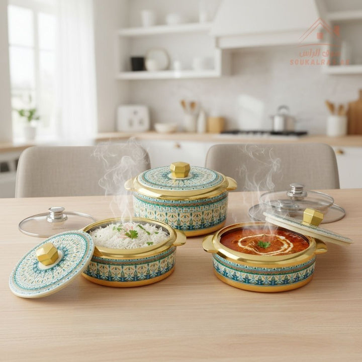 Modeware Marhaba Jumbo 9 - Piece Insulated Casserole Set - Hot Pot Food Warmers with 3 Glass & 3 Plastic Lids (2.5L,3.5L,4L) - made in india. - Souk Al RasServeware