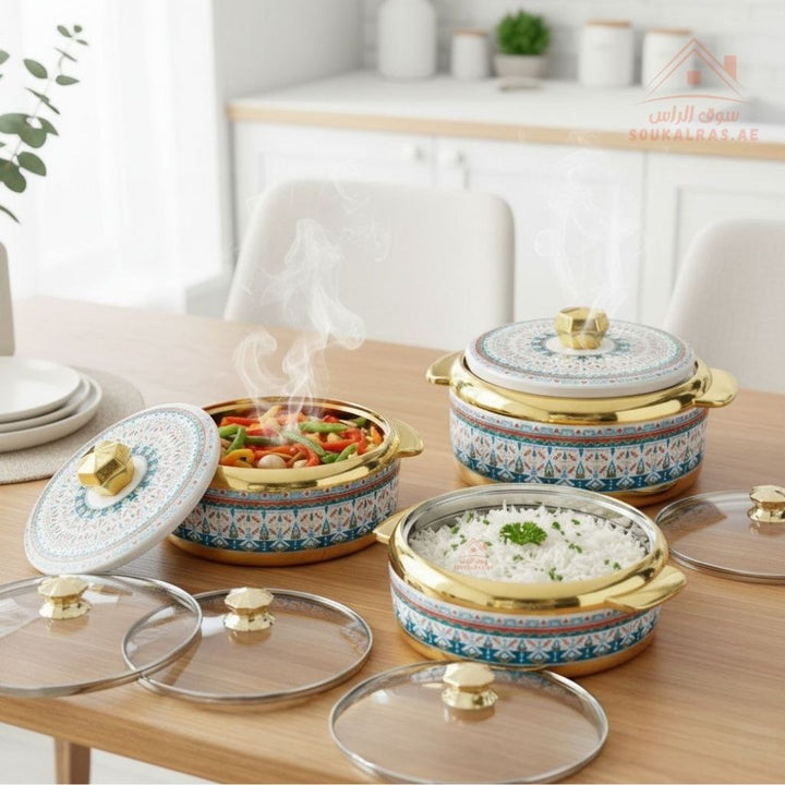 Modeware Marhaba Jumbo 9 - Piece Insulated Casserole Set - Hot Pot Food Warmers with 3 Glass & 3 Plastic Lids (2.5L,3.5L,4L) - made in india. - Souk Al RasServeware