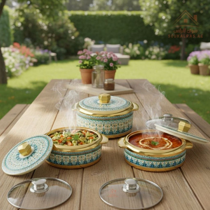 Modeware Marhaba Jumbo 9 - Piece Insulated Casserole Set - Hot Pot Food Warmers with 3 Glass & 3 Plastic Lids (2.5L,3.5L,4L) - made in india. - Souk Al RasServeware