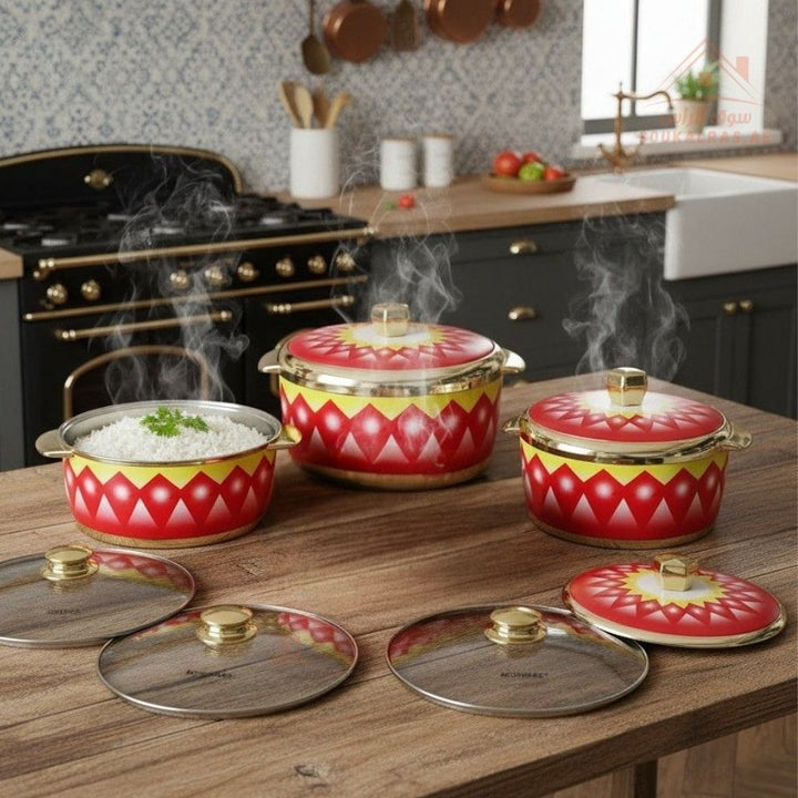 Modware Venice Insulated Casserole Set – 9 - Piece Hotpot Set | Each Hotpot with 2 Lids (Glass + Plastic) | 1500ml, 2000ml, 2500ml - Souk Al RasHot Pot & Casserole