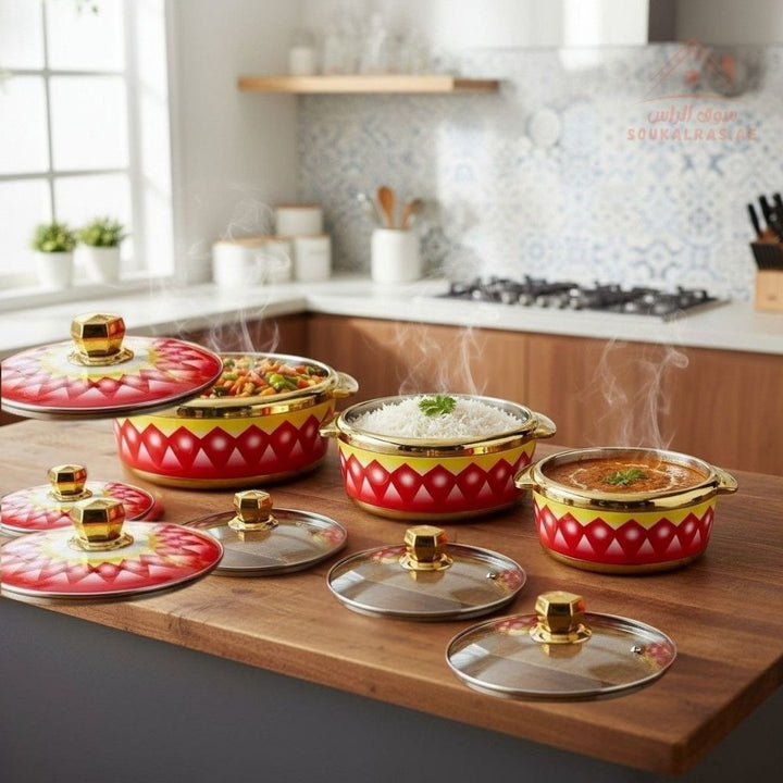 Modware Venice Insulated Casserole Set – 9 - Piece Hotpot Set | Each Hotpot with 2 Lids (Glass + Plastic) | 1500ml, 2000ml, 2500ml - Souk Al RasHot Pot & Casserole