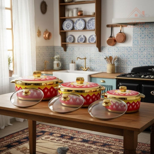 Modware Venice Jumbo Insulated Casserole Set – 9 - Piece Hotpot Set | Each Hotpot with 2 Lids (Glass + Plastic) | 2500ml, 3500ml, 4000ml - Souk Al RasHot Pot & Casserole