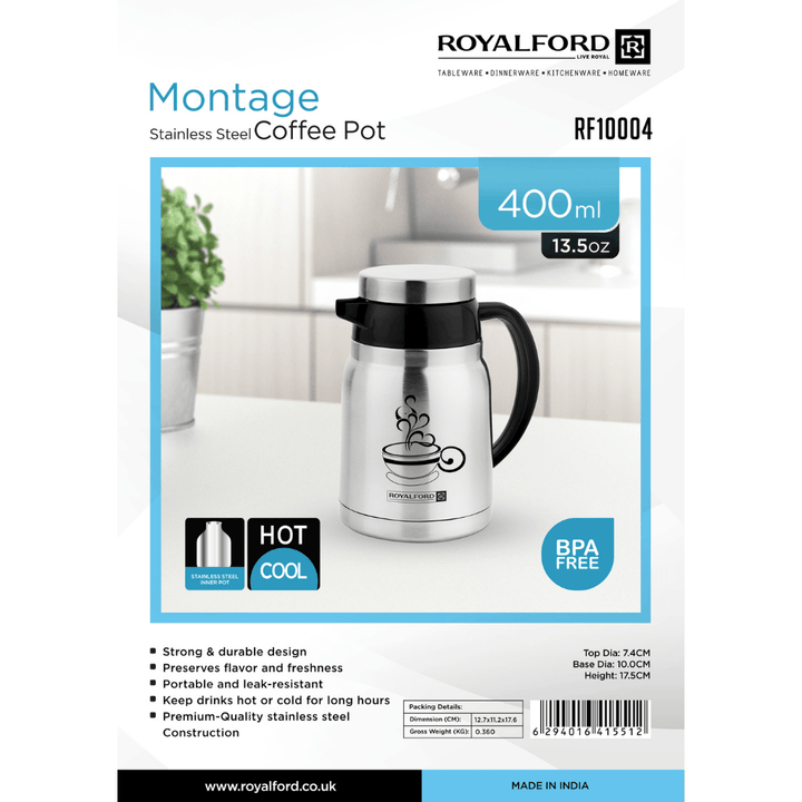 Montage 400ML Stainless Steel Coffee Pot - Silver and Black - Stainless Steel Flask - Souk Al RasVacuum Flasks and Thermos