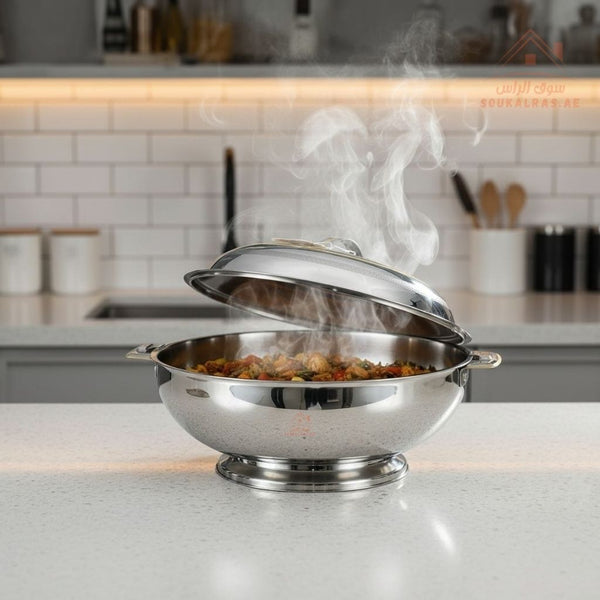 Nabila Premium Stainless Steel Hotpot – Double Wall Insulated Food Warmer with Golden Accents - Souk Al Ras