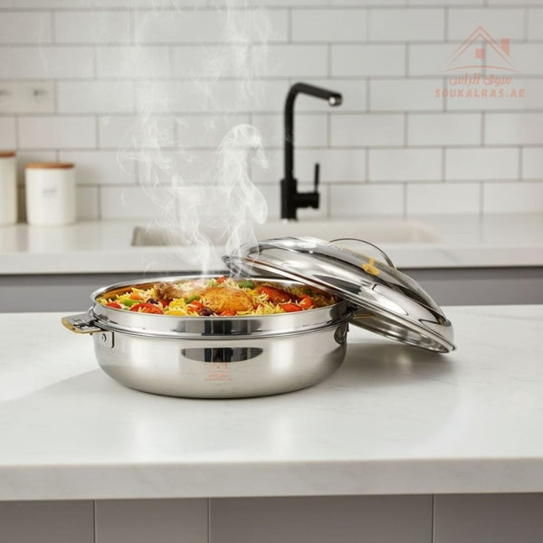 Nabila Premium Stainless Steel Hotpot – Double Wall Insulated Food Warmer with Golden Accents - Souk Al Ras