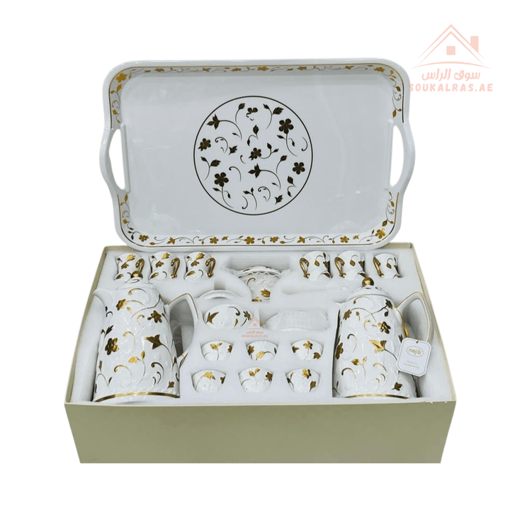 Najib 31 - Piece Premium Arabic Coffee & Tea Serving Set | It’s the perfect blend of tradition and luxury | Silver, Gold & Multi - Color Floral Designs - Souk Al Ras