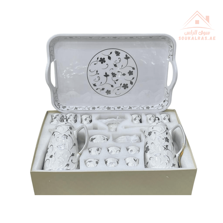 Najib 31 - Piece Premium Arabic Coffee & Tea Serving Set | It’s the perfect blend of tradition and luxury | Silver, Gold & Multi - Color Floral Designs - Souk Al Ras