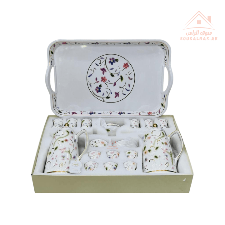 Najib 31 - Piece Premium Arabic Coffee & Tea Serving Set | It’s the perfect blend of tradition and luxury | Silver, Gold & Multi - Color Floral Designs - Souk Al Ras