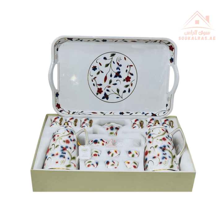 Najib 31 - Piece Premium Arabic Coffee & Tea Serving Set | It’s the perfect blend of tradition and luxury | Silver, Gold & Multi - Color Floral Designs - Souk Al Ras
