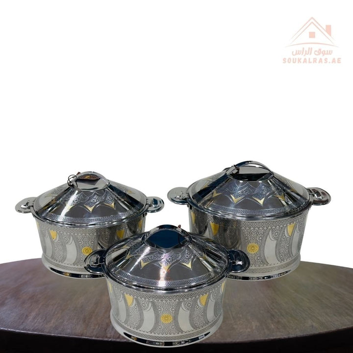 Najib Premium Stainless Steel Hotpot Set – 3 Pieces | Double - Wall Insulated Food Warmer | Keeps Food Hot for Hours | Perfect for everyday use and special occasions | Elegant Pattern Design - Souk Al Ras